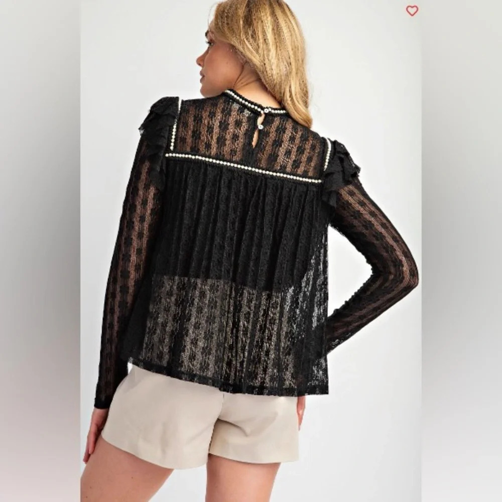54. Easel Allover Lace Top With Ruffle Sleeves in Black - Picture 3 of 3